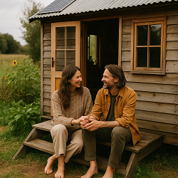 Couple vivant à la campagne, illustrant l'amour et la rencontre dans un mode de vie simple et alternatif.